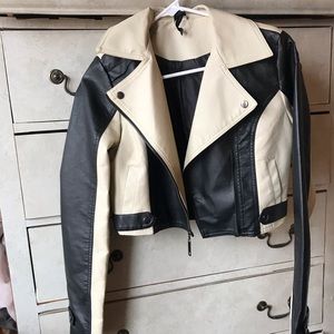 Black and white moto jacket